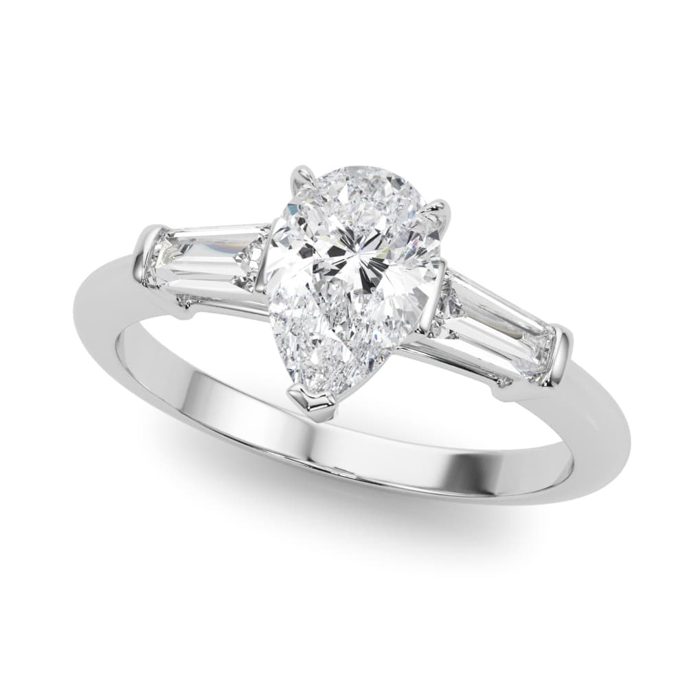 Pear Fancy Shape Melee Baguette Engagement Ring in White 14kt gold