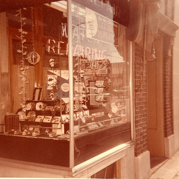 Piccard's original storefront, its window lettered Watch Repairing, where Frank Campagna opened his first shop