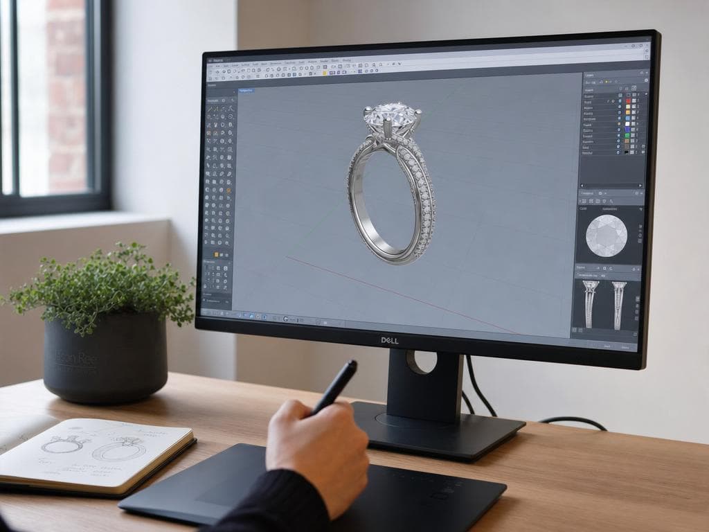 A detailed 3D CAD model of the custom ring on the designer's screen
