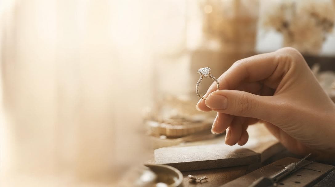 A diamond engagement ring held in warm light at the Piccard workbench
