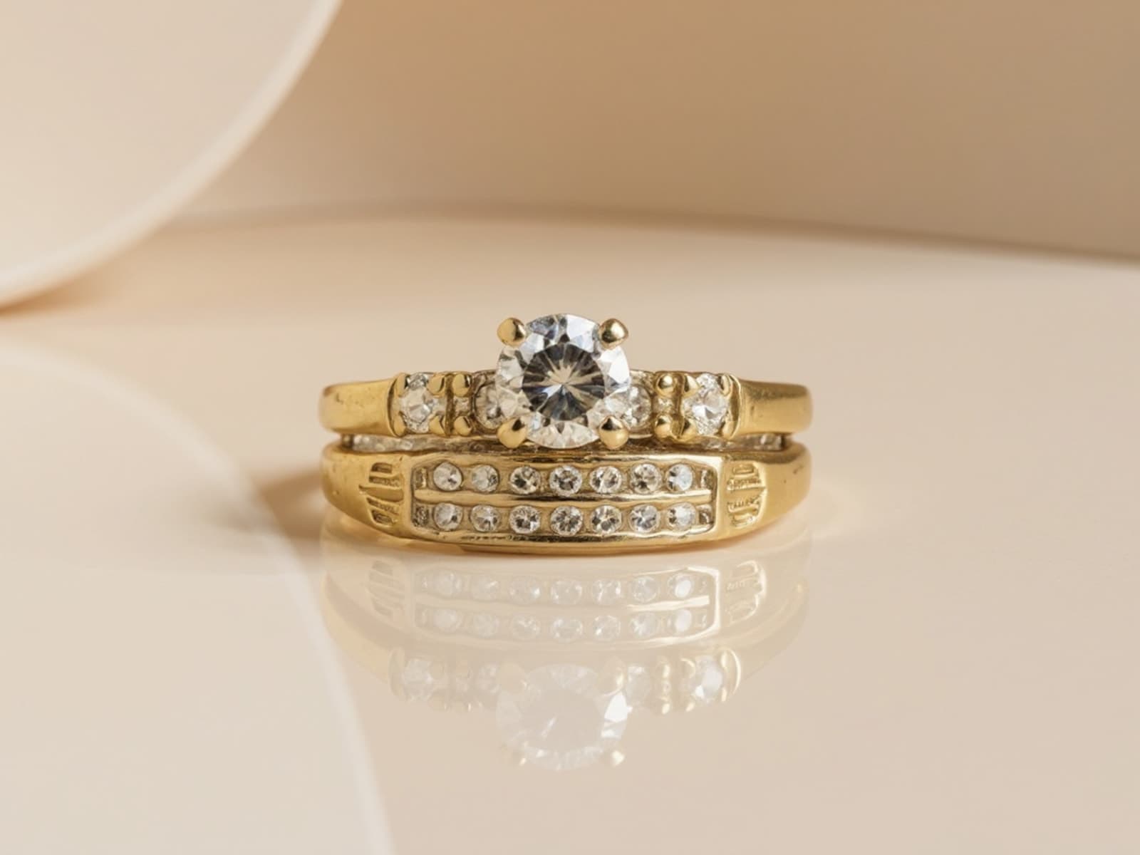 The heirloom on arrival: a round diamond in a dated yellow-gold setting with accent stones