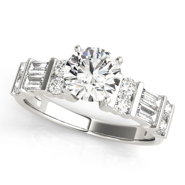 Round Fancy Shape Melee Baguette Engagement Ring in White 14kt gold