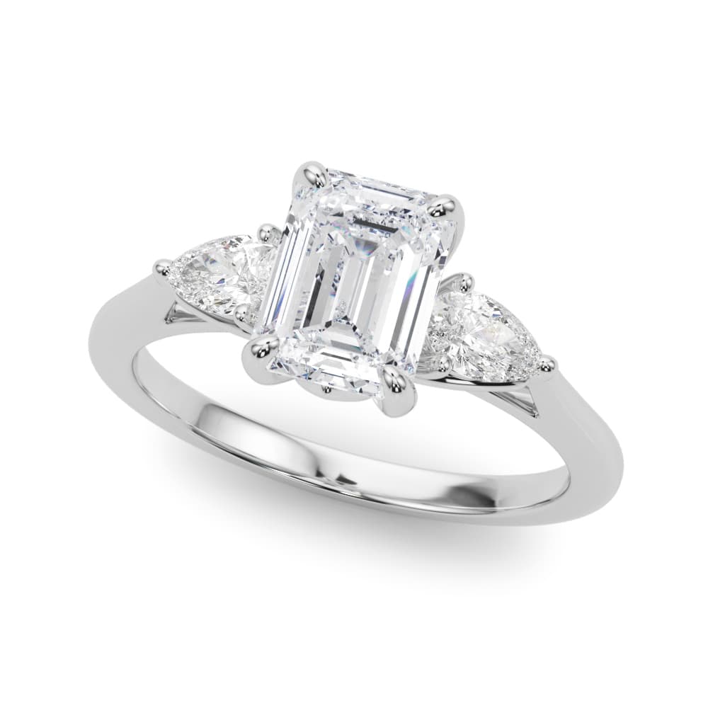 Emerald 3 Stone Engagement Ring in White 14kt gold